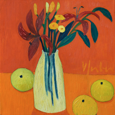 Kleines oranges Blumenstilleben, 50 x 50 cm, Öl auf Leinwand, 2008