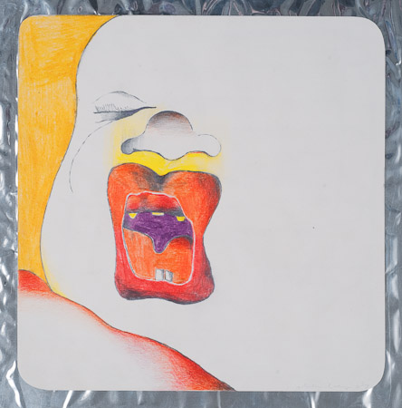 Kind mit offenem Mund, 1969, Buntstift auf Papier und Alu, 27,5 x 26,5 cm