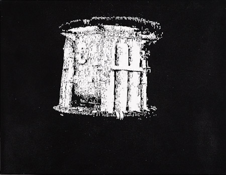 Kapsel 2008, Korrekturbandroller u. Acryl auf LW, 62 x 80 cm