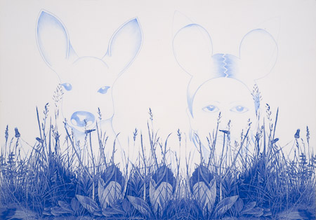 Bambi und Mädchen auf der Wiese, 2009, 70 x 100 cm,  Pigmentdruck und Farbstift auf Büttenpapier